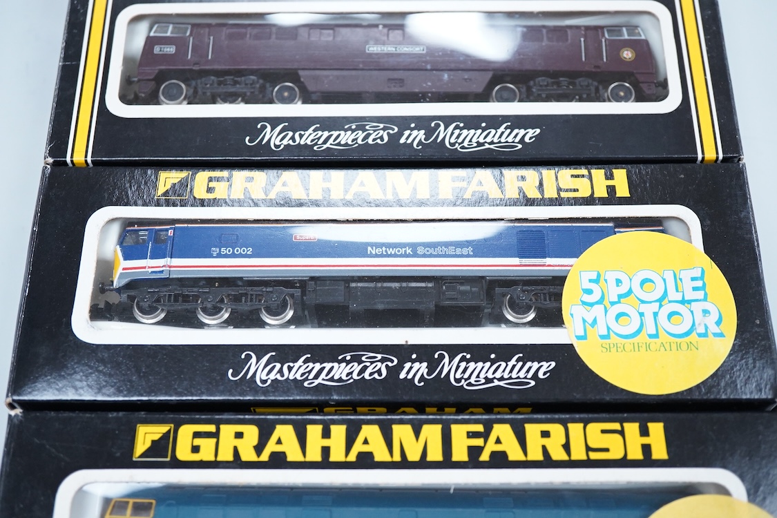 Four boxed Graham Farish N gauge railway electric and diesel locomotives; a BR class 55, Argyle & Sutherland Highlander D9021 (8414), a Freightliner class 57, Freightliner Pioneer 57001 (804A), a Rail Express class 90, P
